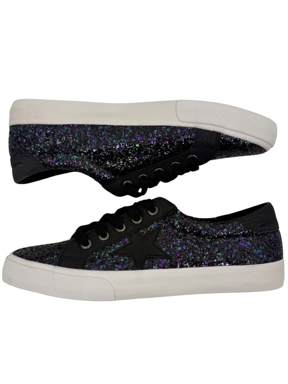 NIB Black Glitter Faux Leather Star Lace-Up Sneakers 10 | Night Luxe Grunge Y2K